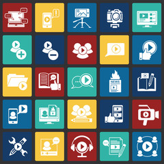 Video Blog icons set on color squares background for graphic and web design, Modern simple vector sign. Internet concept. Trendy symbol for website design web button or mobile app