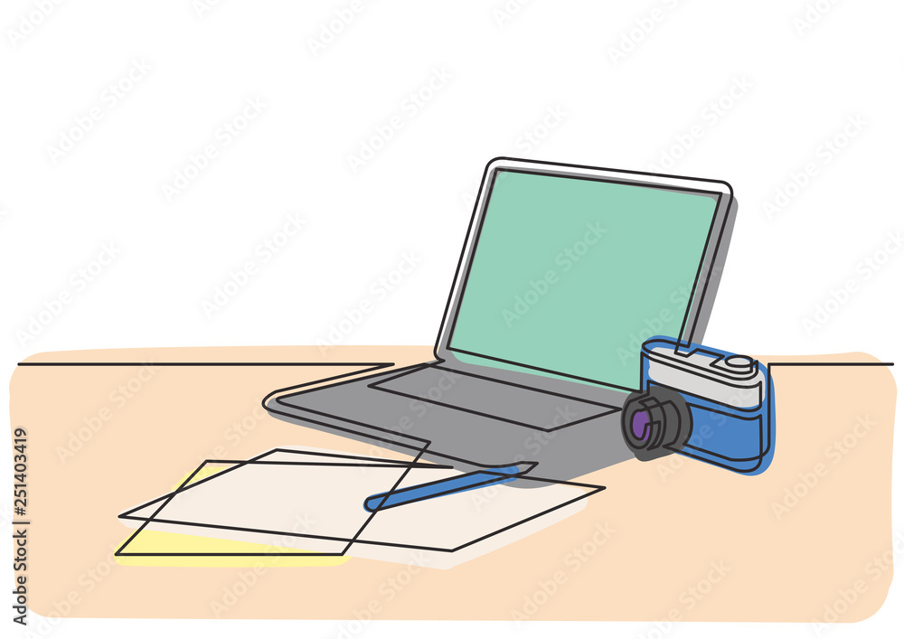 Poster continuous line drawing of laptop computer notepad and photo camera