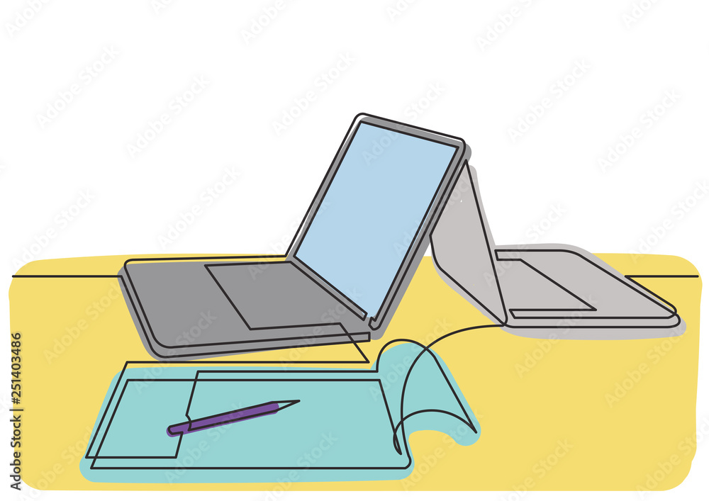 Poster continuous line drawing of two laptop computers and notepad