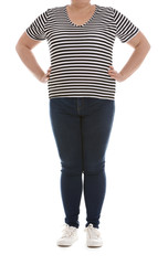 Obraz premium Overweight woman on white background, closeup. Weight loss