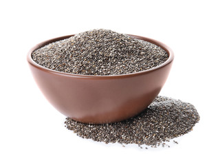 Bowl and chia seeds isolated on white