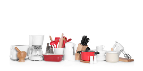 Set of clean cookware and appliances isolated on white