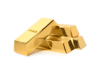 Precious shiny gold bars on white background