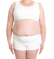 Overweight woman on white background, closeup. Weight loss