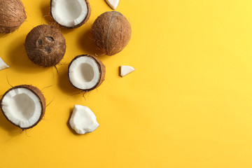 Flat lay composition with coconuts on color background. Space for text