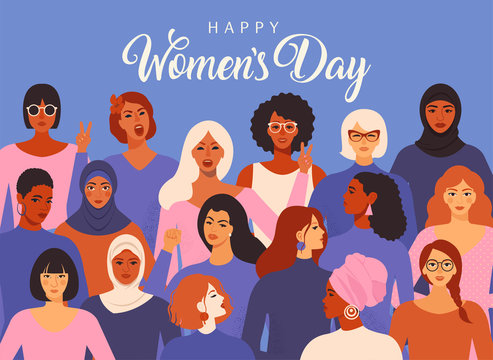 Female diverse faces of different ethnicity poster. Women empowerment movement pattern. International women s day graphic vector.