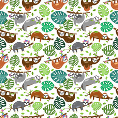 Seamless Vector Background with Sloths, Tree Branches and Leaves