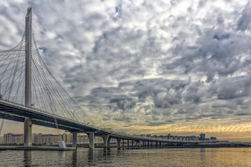 Cable-stayed bridge over Neva river on Western Rapid Diameter highway in St. Petersburg, Russia.