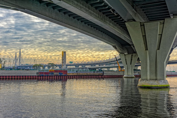 Cable-stayed bridge over Neva river on Western Rapid Diameter highway in St. Petersburg, Russia.