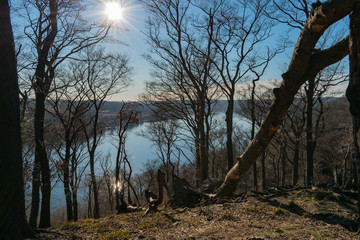 Sunshine lookout over wide Ruhr river in Essen, Germany