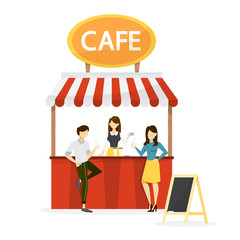 People standing at the street cafe counter. Cafeteria