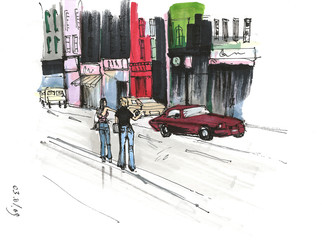 Hitchhiking on the city street, painted by markers