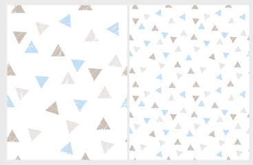 Simple Triangles Vector Patterns. Blue and Brown Marble Triangles Isolated on a White Background. Funny Abstract Geometric Design. Falling Confetti of Triangle Shape. Pastel Color Repeatable Layout.