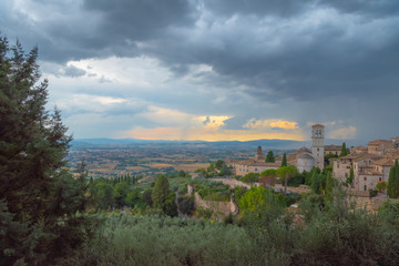 Assisi panoramic view,  the town in province of Perugia, Italy,  Umbria region. It is the birthplace of St. Francis, who founded the Franciscan religious order in the town in 1208.