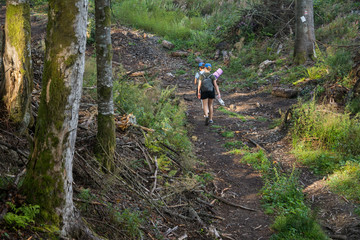 Girls go uphill in the forest - view from behind.