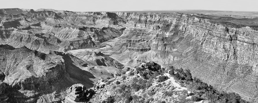 Black and white panoramic picture of Grand Canyon, Arizona, USA.