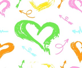 vector seamless pattern with different arrows, heart,colorful on white. Hand brush drawn. Vector
