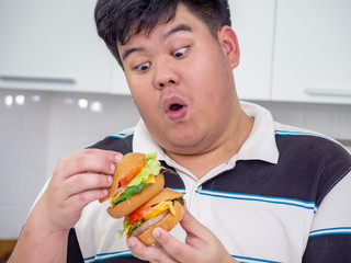 Diet failure of fat man eating fast food unhealthy hamberger.