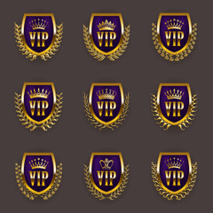Set of gold vip monograms for graphic design on gray background.