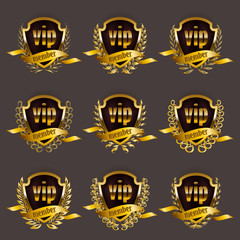 Set of gold vip monograms for graphic design on gray background.