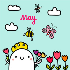 May hand drawn illustration with cute marshmallow gathering tulips