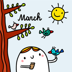 March hand drawn illustration with cute marshmallow feeding bird