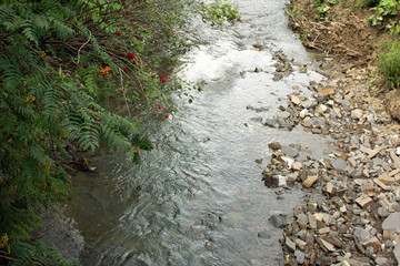 Through clear water you can see the stones. river spring water. colored stones. Crystal clear water in the waterfall.