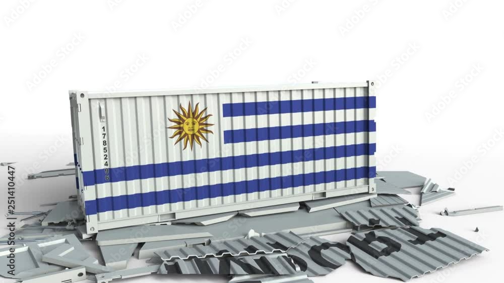 Poster cargo container with flag of uruguay breaks container with import text. conceptual 3d animation
