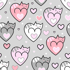 Seamless pattern. Cats hearts on a grey background. For fabric design, wallpaper, wrapping paper, etc. Vector