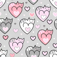Gardinen Nahtloses Muster. Katzenherzen auf grauem Hintergrund. Für Stoffdesign, Tapeten, Geschenkpapier usw. Vektor © Zerlina