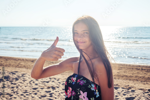Portrait Of A Girl By The Sea Thumb Up Cool Sign Ok