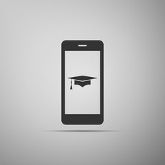 Graduation cap and smartphone icon. Online learning or e-learning concept icon isolated on grey background. Flat design. Vector Illustration