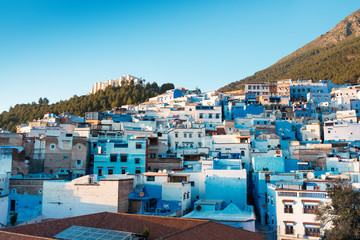 Fototapeta premium Chefchaouen - blue city of Morocco. Beautiful view from the roof top on an old medina of Chefchaouen