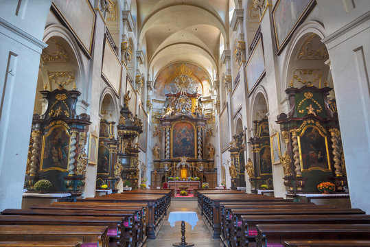PRAGUE, CZECH REPUBLIC - OCTOBER 16, 2018: The nave of baroque church kostel Svat&eacute;ho Havla.