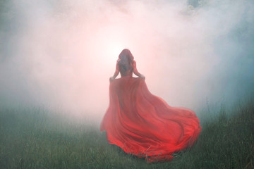 gorgeous amazing wonderful scarlet red dress with a long flying waving train, a mysterious girl...