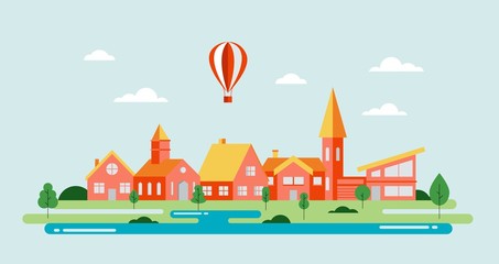 Fototapeta premium Minimal cityscape. City landscape with buildings. Vector illustration in simple geometric flat style and abstract background for covers, header images, banners and websites