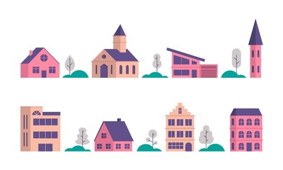Minimal flat geometric cityscape illustration. City landscape with buildings and trees, vector in simple style. Abstract background for banners, header images, covers and websites