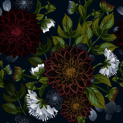 Modern trendy seamless floral pattern of burgundy dahlias and white peonies.