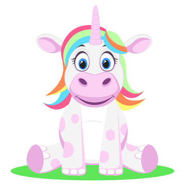 Unicorn with multicolored hair sits on a white.