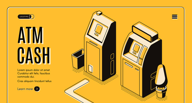 Currency Exchange Online Service, Bank Automated Teller Machine Network Locator Isometric Vector Web Banner Or Landing Page Template Cash With Draw Point With Modern ATM Machines Line Art Illustration