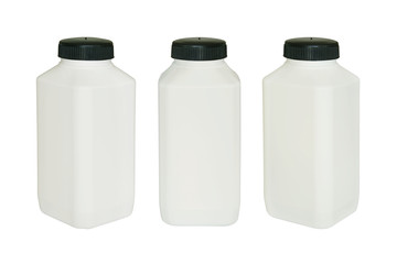 White Square Plastic Bottle with Black Lid Isolated on White Background
