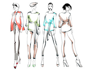 Stylish fashion models. Pretty young girls. Fashion womans Sketch