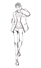 Stylish fashion man. Stylish handsome man in fashion clothes. Sketches on a white background. Vector illustration.