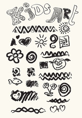 Kids Art. Funny doodle poster. Set collections. Cartoon elements, hearts, flowers, faces, waves isolated. Vector hand drawn artwork. Black and white. Magical print