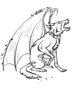 Mythical Winged Dog. A wolf with wings On a white background. Symbolic sketch image
