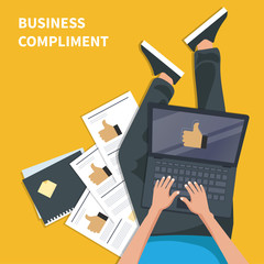 Business compliment concept. Man sitting on the floor and holding lap top with thumb up hand. Flat vector illustration