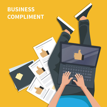 Business Compliment Concept. Man Sitting On The Floor And Holding Lap Top With Thumb Up Hand. Flat Vector Illustration