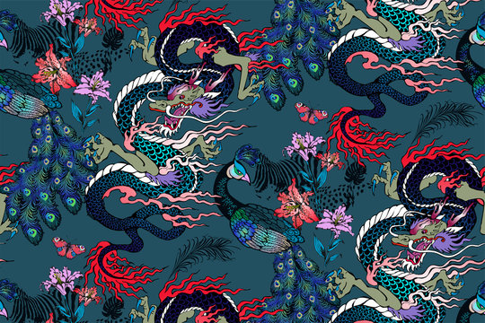 Pattern of peacock and asian dragon. Vector illustration. Suitable for fabric, wrapping paper and the like
