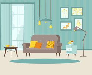 Cozy living room with sofa, bedside table with books, posters on the wall and striped wallpaper, lamp, window, balcony door. Blue, grey and yellow. Vector illustration