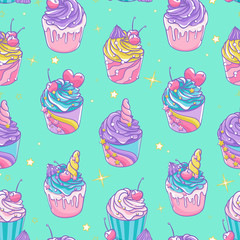 Seamless pattern with different cupcake